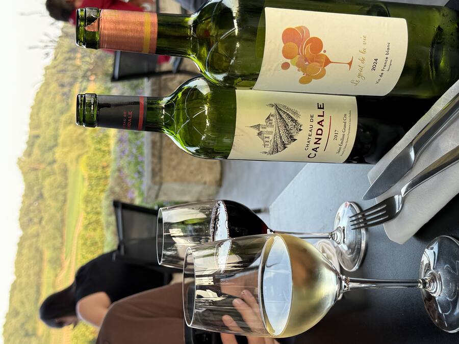 A Château de Candale red and a Le goût de la vie white on the table, vineyard behind