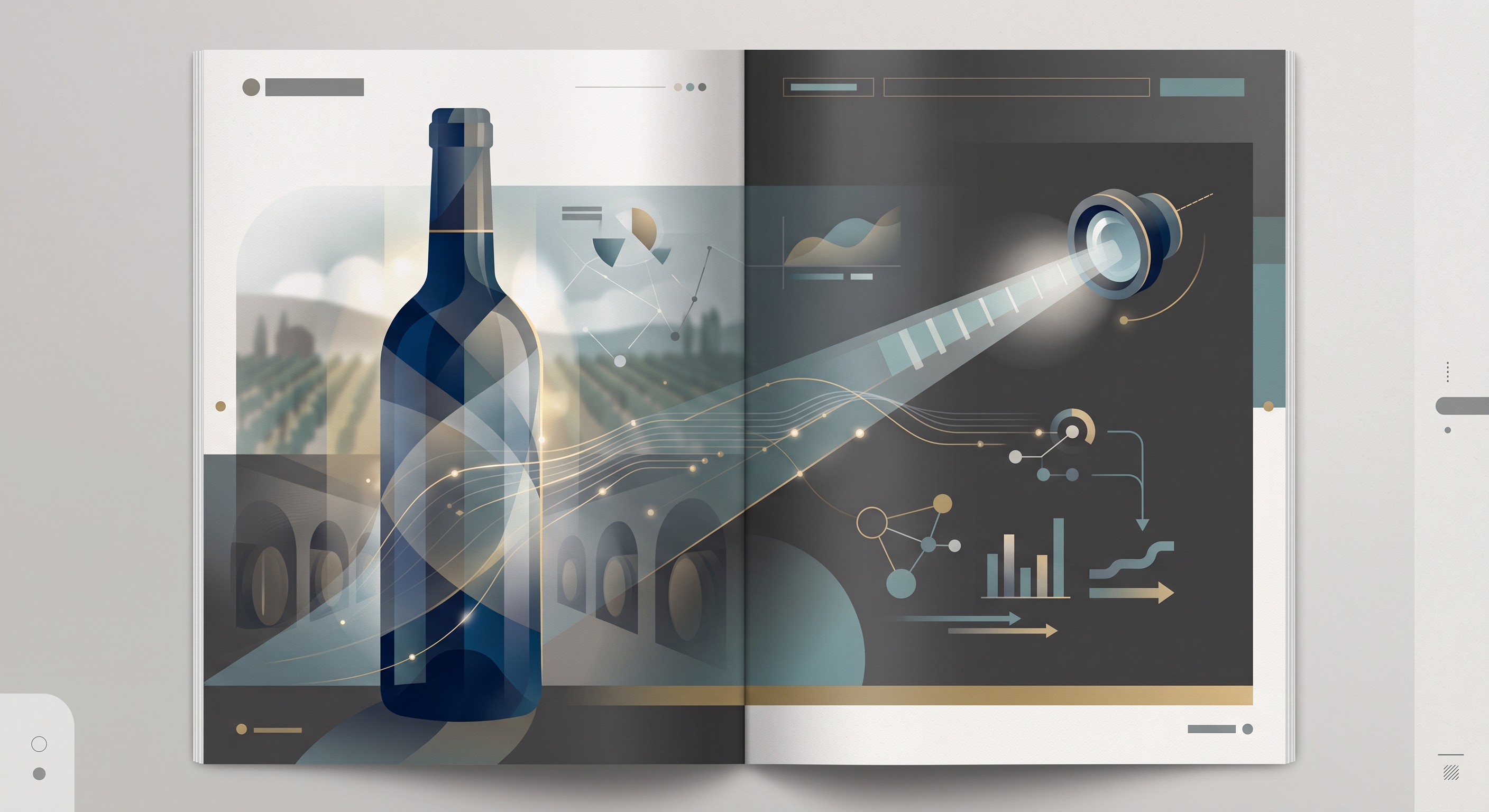 An editorial spread illustrating wine inventory sensing: a wine bottle over a vineyard and barrel cellar on one page, a beam of light and data graphics on the other