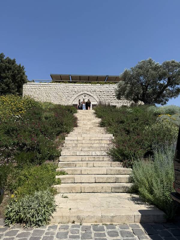 A long stone staircase lined with herbs and wildflowers leading up to the Ixsir estate