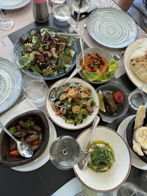 A spread of fresh Lebanese mezze on the table