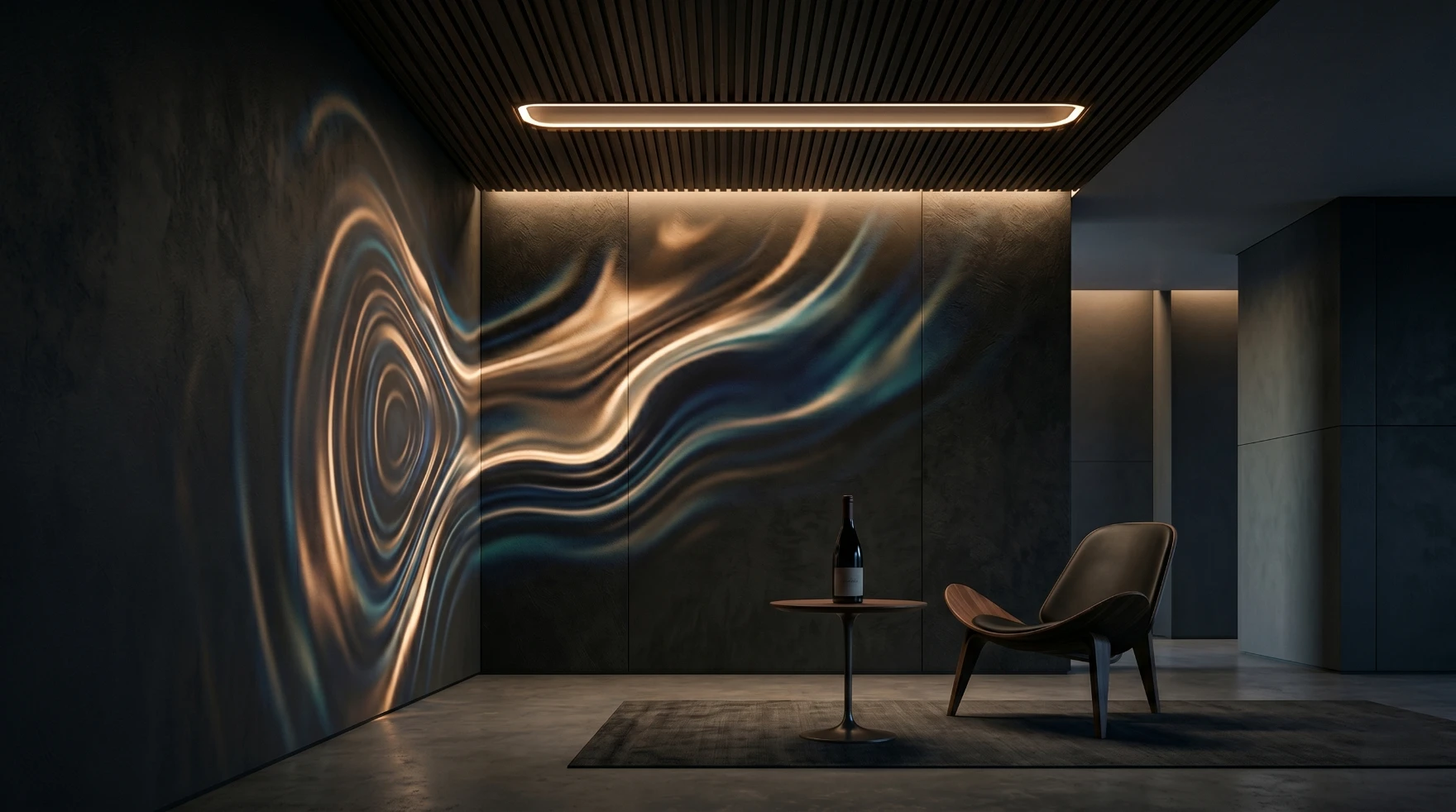 A dark, minimal interior where responsive light ripples across a textured wall above a single bottle, side table and lounge chair